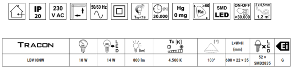 LED T5 SVJETILJKA ZA NAMJEŠTAJ 230 V, 50 Hz, 10 W, 800 lm, 4500 K, 60 cm, EEI=G