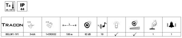 BEŽIČNO ZVONO 3×AA, 1×CR2032, IP44, 100m, 10 music