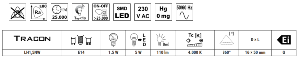 LED SVJETLOSNI IZVOR 230V, 50Hz, 1,5W, 4000K, E14, 110lm, EEI=G