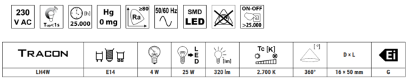 LED SVJETLOSNI IZVOR 230V, 50 HZ, 4W, 2700K, E14, 320lm, T20, EEI=G